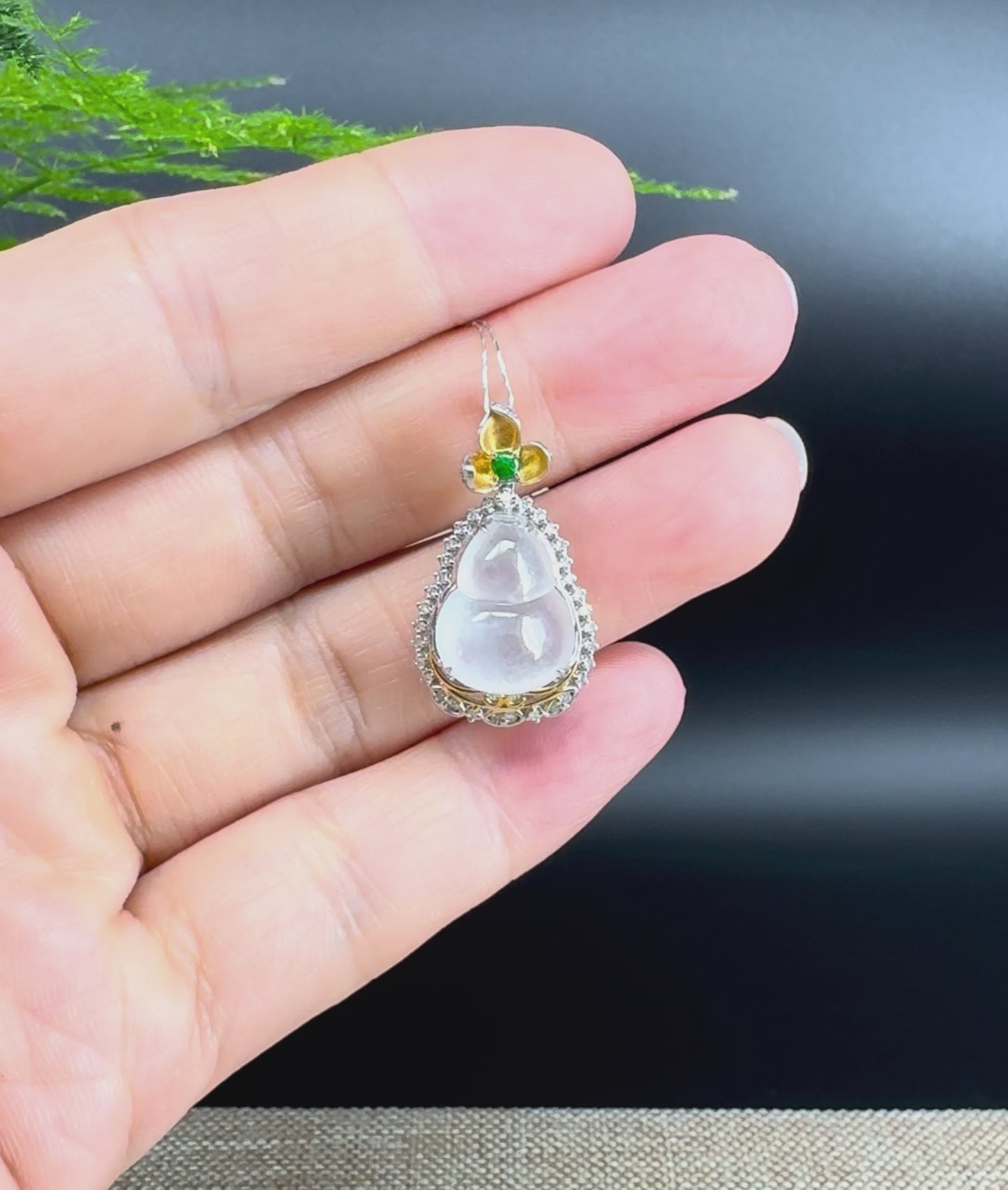 Load and play video in Gallery viewer, RealJade® Co. Genuine Icy Jadeite Jade Good Luck Hulu Bottle Gourd Necklace With 18K White &amp;amp; Yellow Gold Bail
