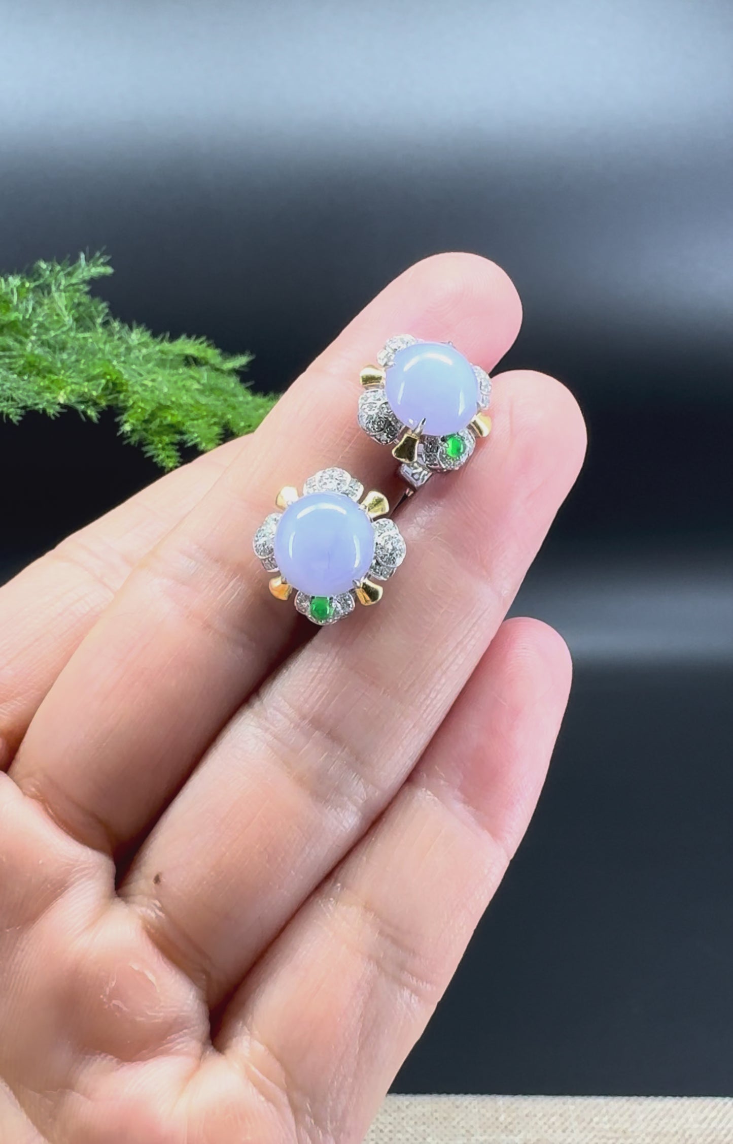 Load and play video in Gallery viewer, RealJade® 18k Gold Burmese Lavender Jadeite Jade Cabochon Stud Earrings with Diamonds
