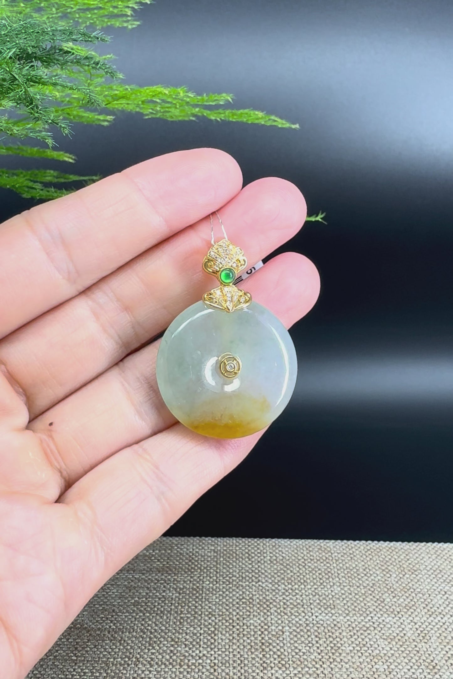 "Good Luck Button"Icy Yellow Green Jadeite Jade Lucky KouKou Pendant With 18K Yellow Gold Bail