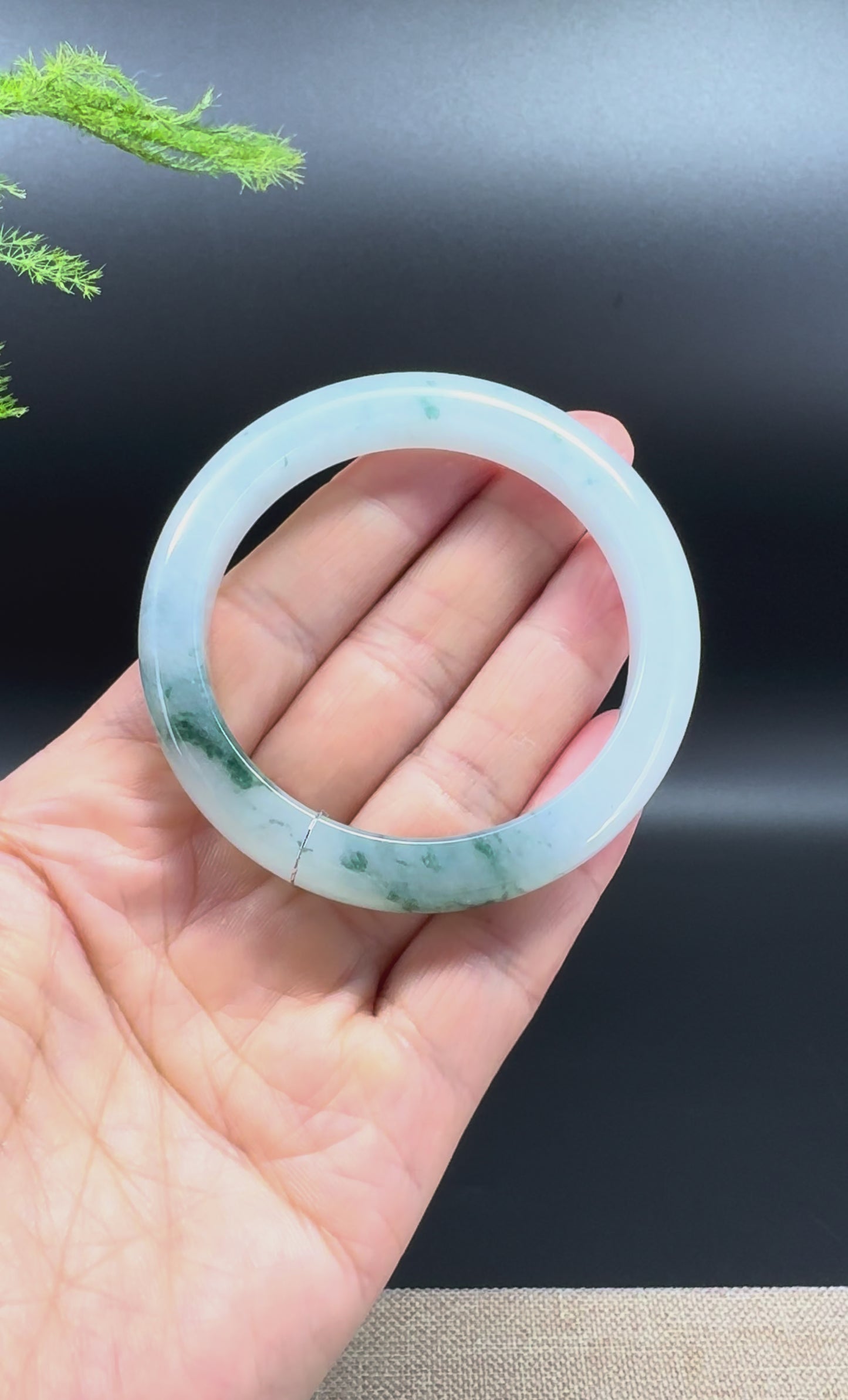 Genuine Burmese Icy Blue Flower Jadeite Jade Bangle Bracelet (51.9mm)