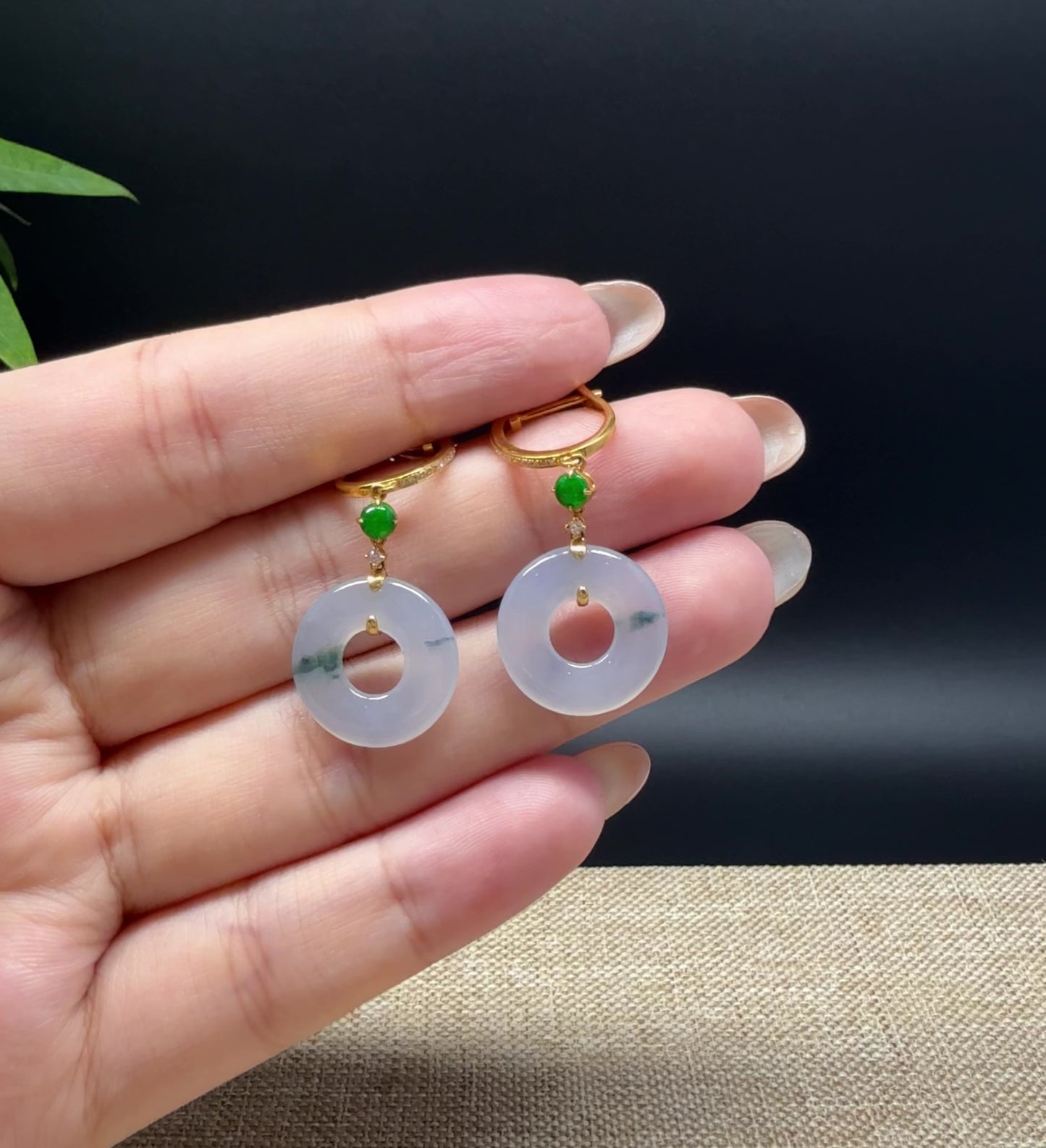 Load and play video in Gallery viewer, 18k Yellow Gold Genuine Icy Green Jadeite Jade Earrings With Diamonds
