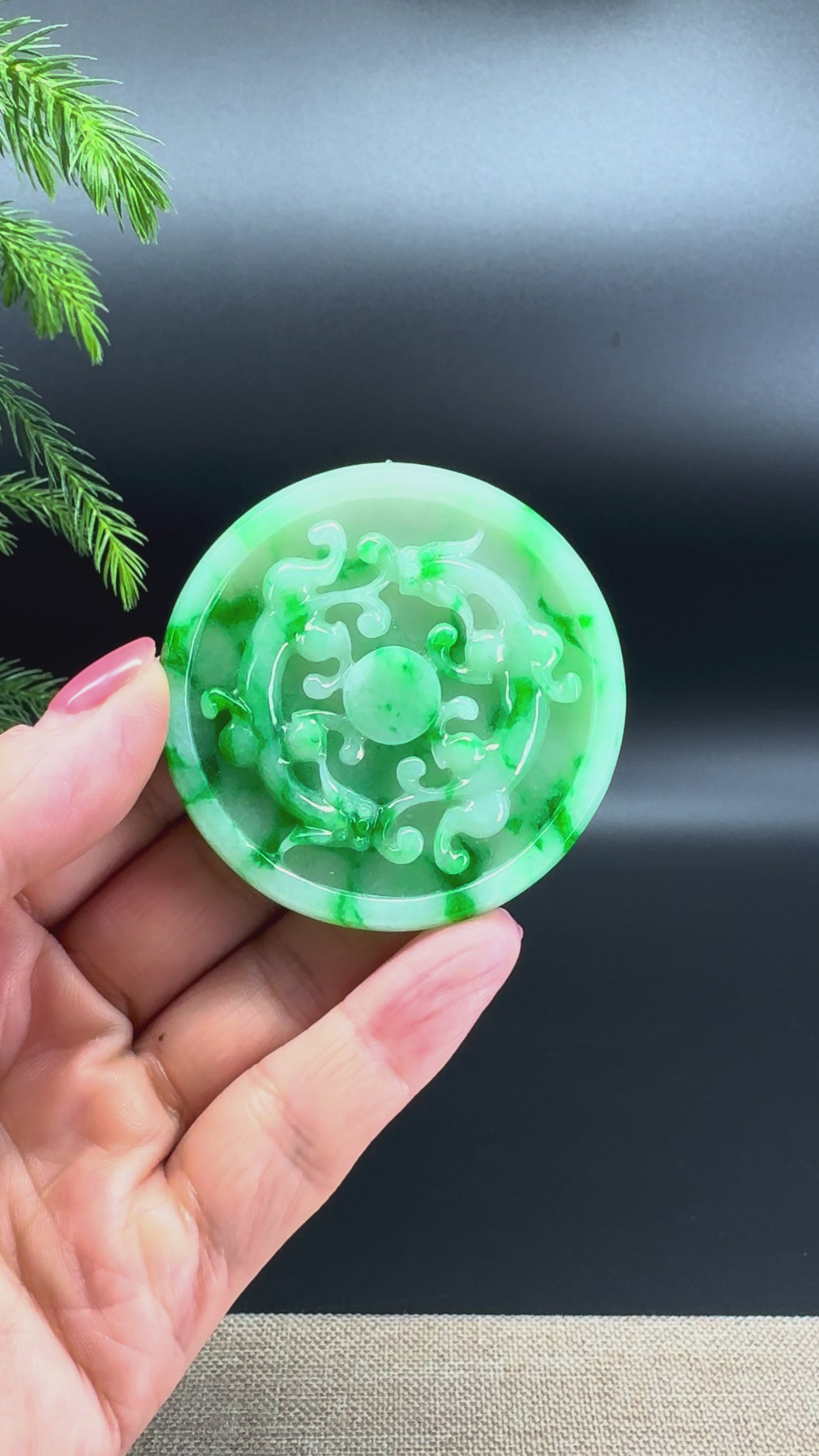 Load and play video in Gallery viewer, RealJade® Co. High Natural Spicy Green Jadeite Jade Double Dragon Round Pendant
