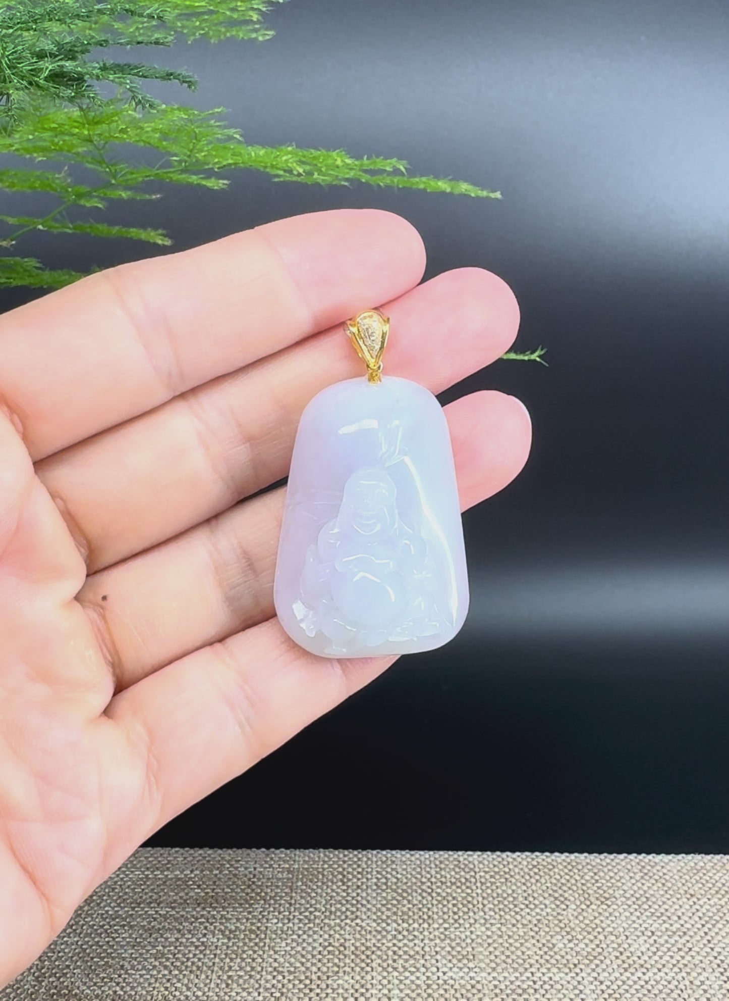 18K Yellow Gold Burmese Light Lavender Green Jadeite Jade Happy Buddha Pendant