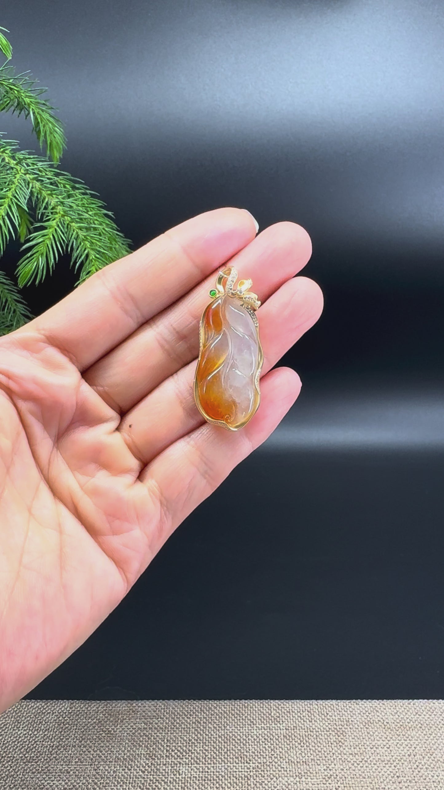 Genuine Icy Red Jadeite Jade Jin Zhi Yu Ye (Leaf) Necklace With 18K Yellow Gold & Diamonds