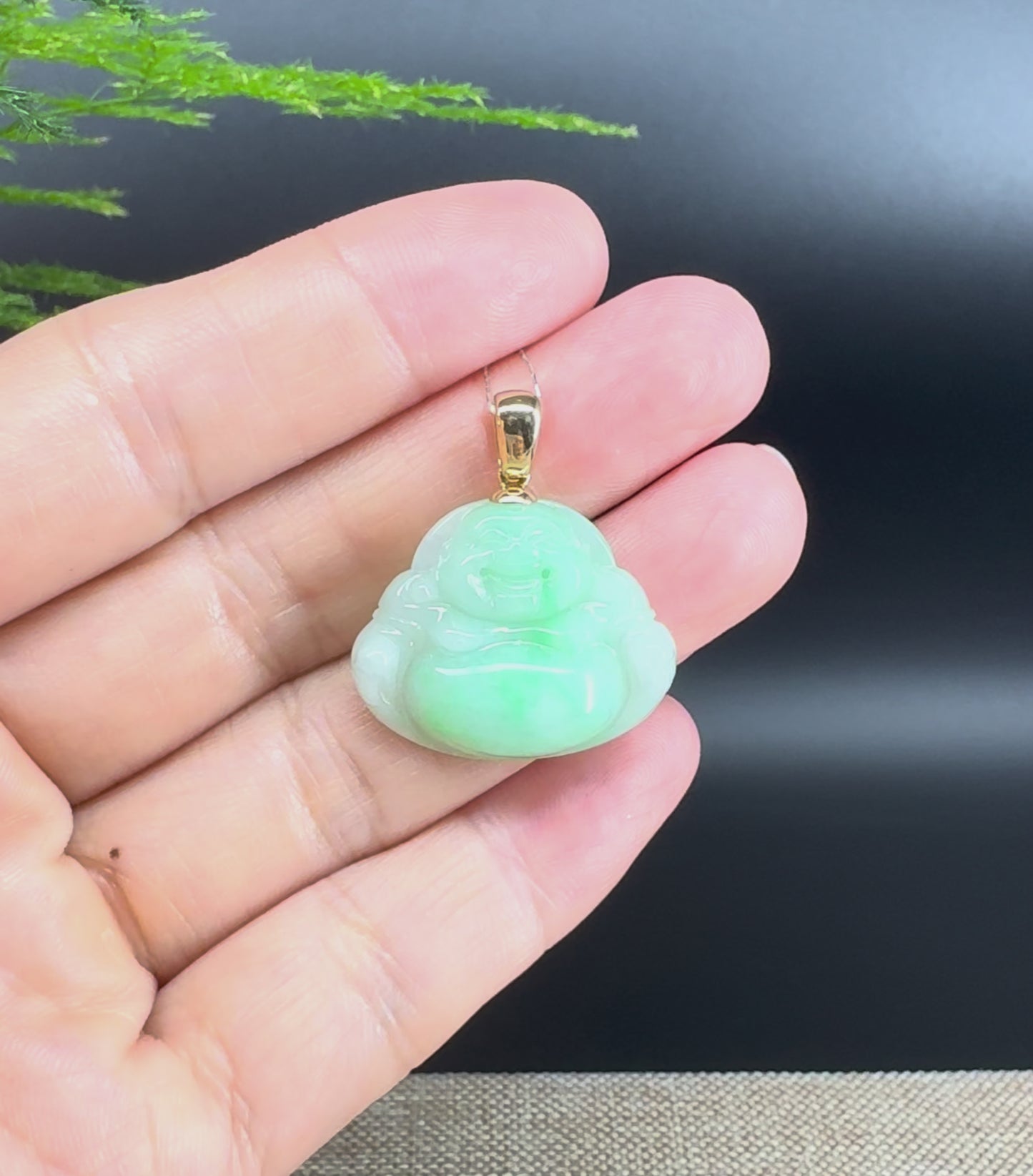 Load and play video in Gallery viewer, 14K Yellow Gold Burmese Green Jadeite Jade Happy Buddha Pendant

