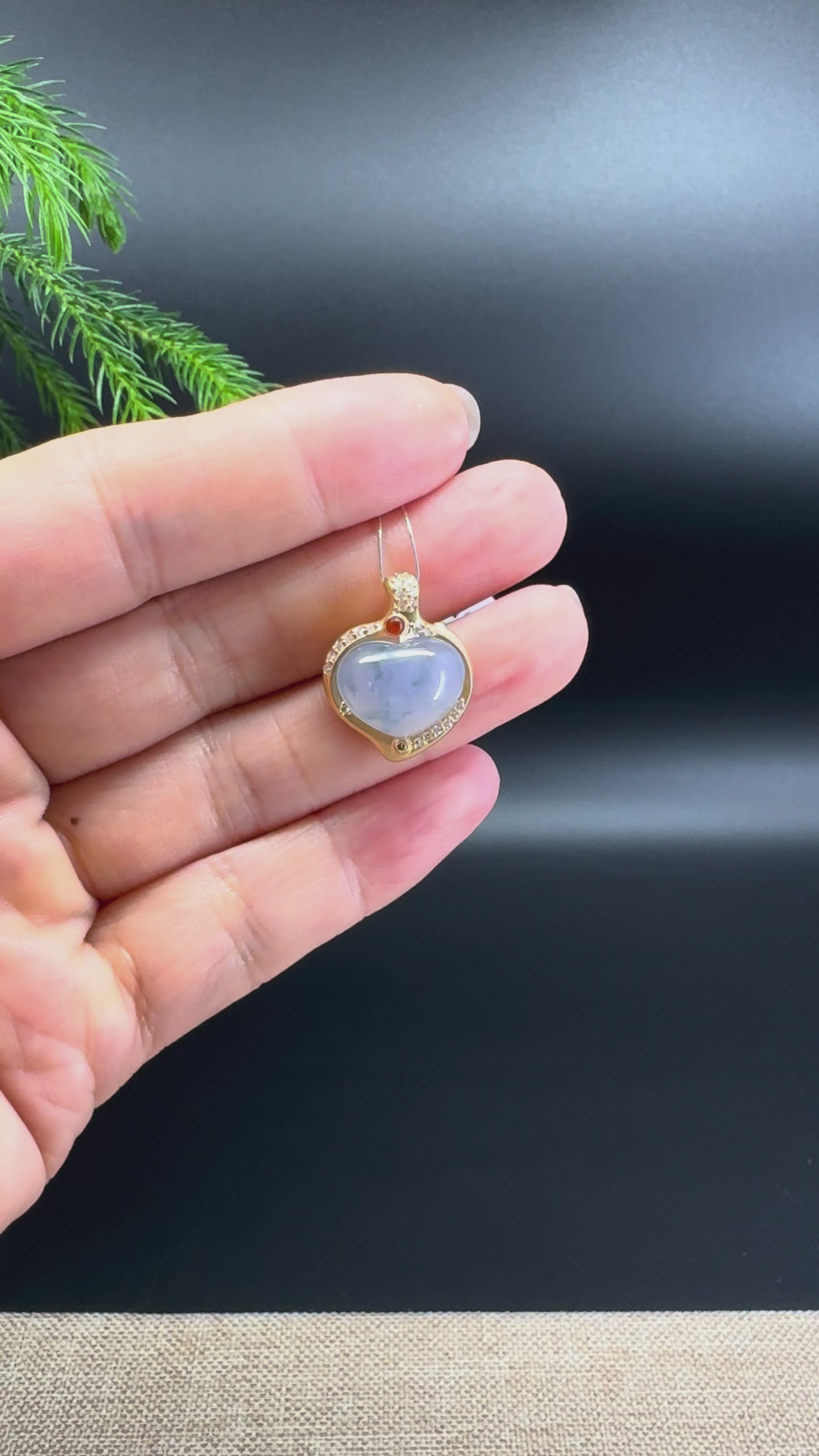 Load and play video in Gallery viewer, RealJade® Co. 18K Yellow Gold Genuine Burmese Blue Lavender Jadeite Heart Pendant

