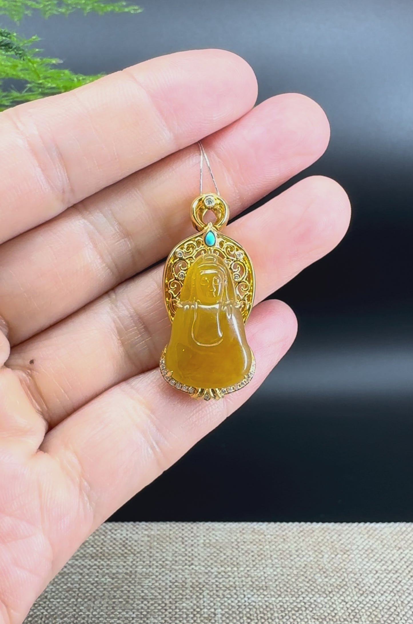 High-end 18K Yellow Gold Burmese Honey Yellow Jadeite Jade Guanyin Pendant with Diamond