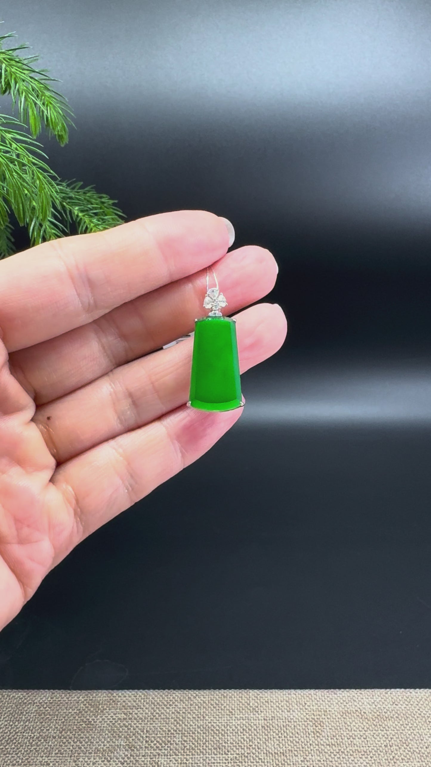 18K White Gold High-End Guatemalan Green Jadeite Jade "Ping An Wu Shi Pai" Necklace with Diamonds