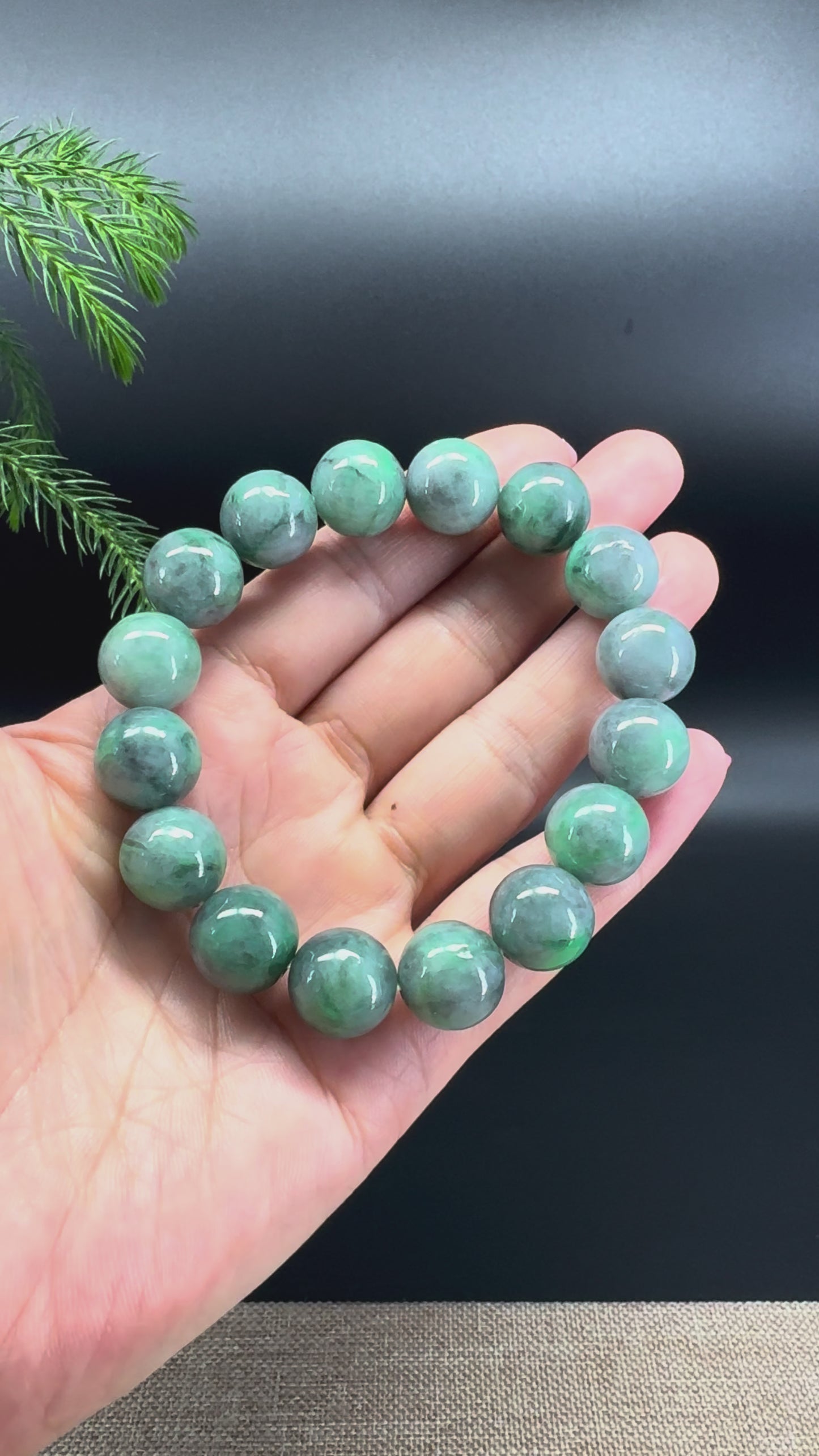 Load and play video in Gallery viewer, RealJade® Genuine Jadeite Jade Round Light Wuji &amp;amp; Green Beads Bracelet ( 13.5mm )
