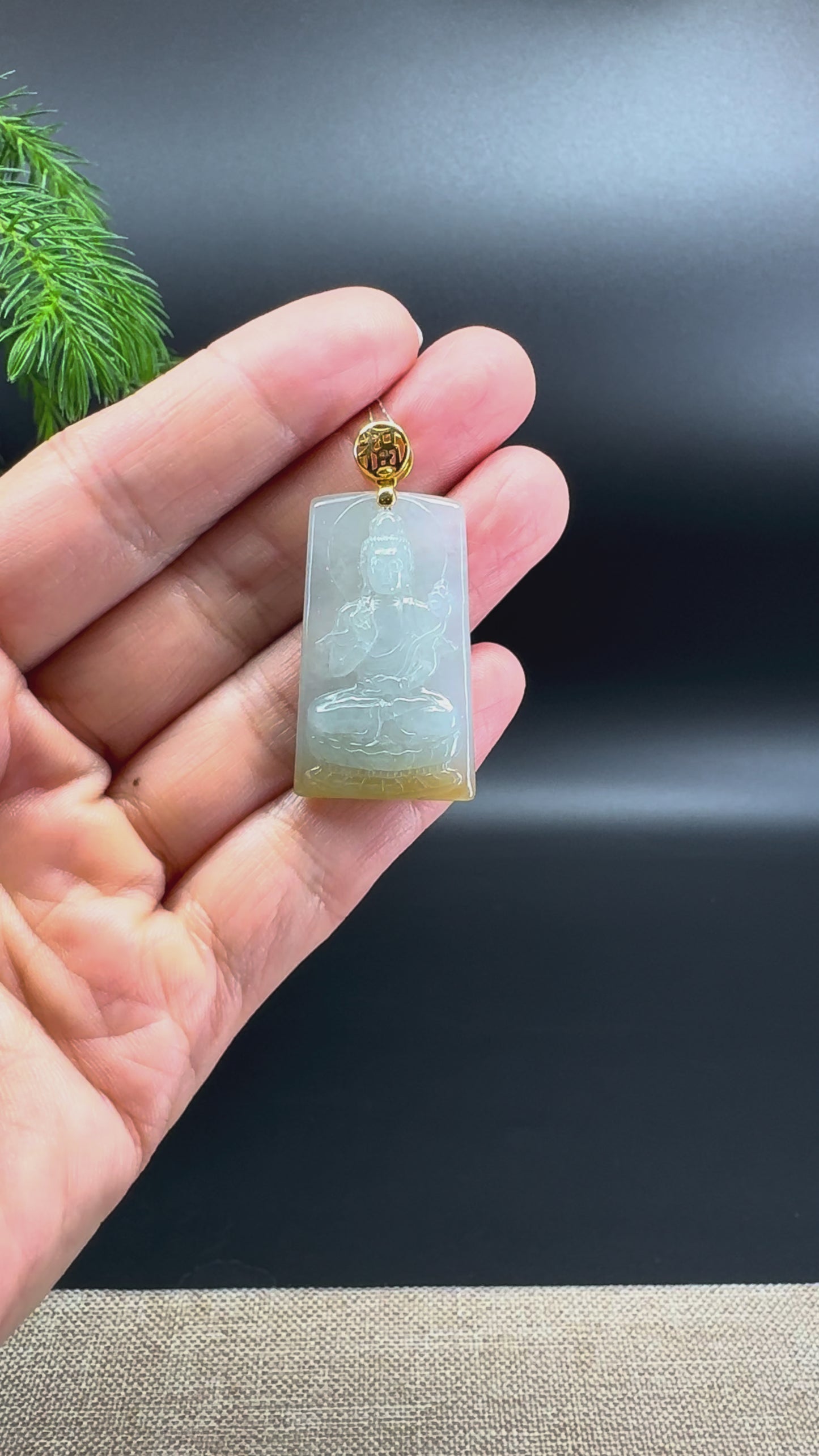18K Yellow Gold Burmese Yellow Green Jadeite Jade Guanyin Pendant