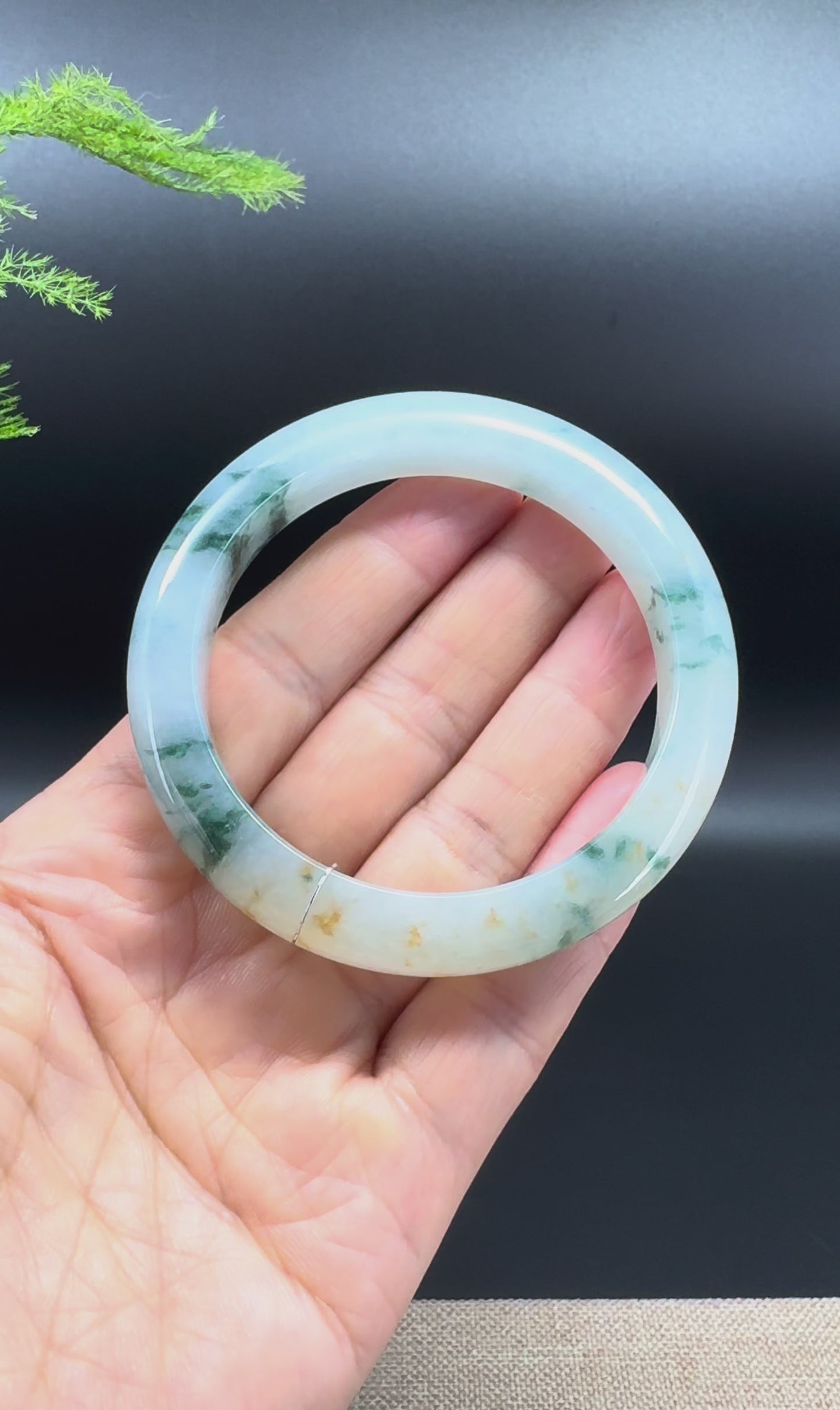 Load and play video in Gallery viewer, Genuine Burmese Icy Blue Flower Jadeite Jade Bangle Bracelet (55mm)
