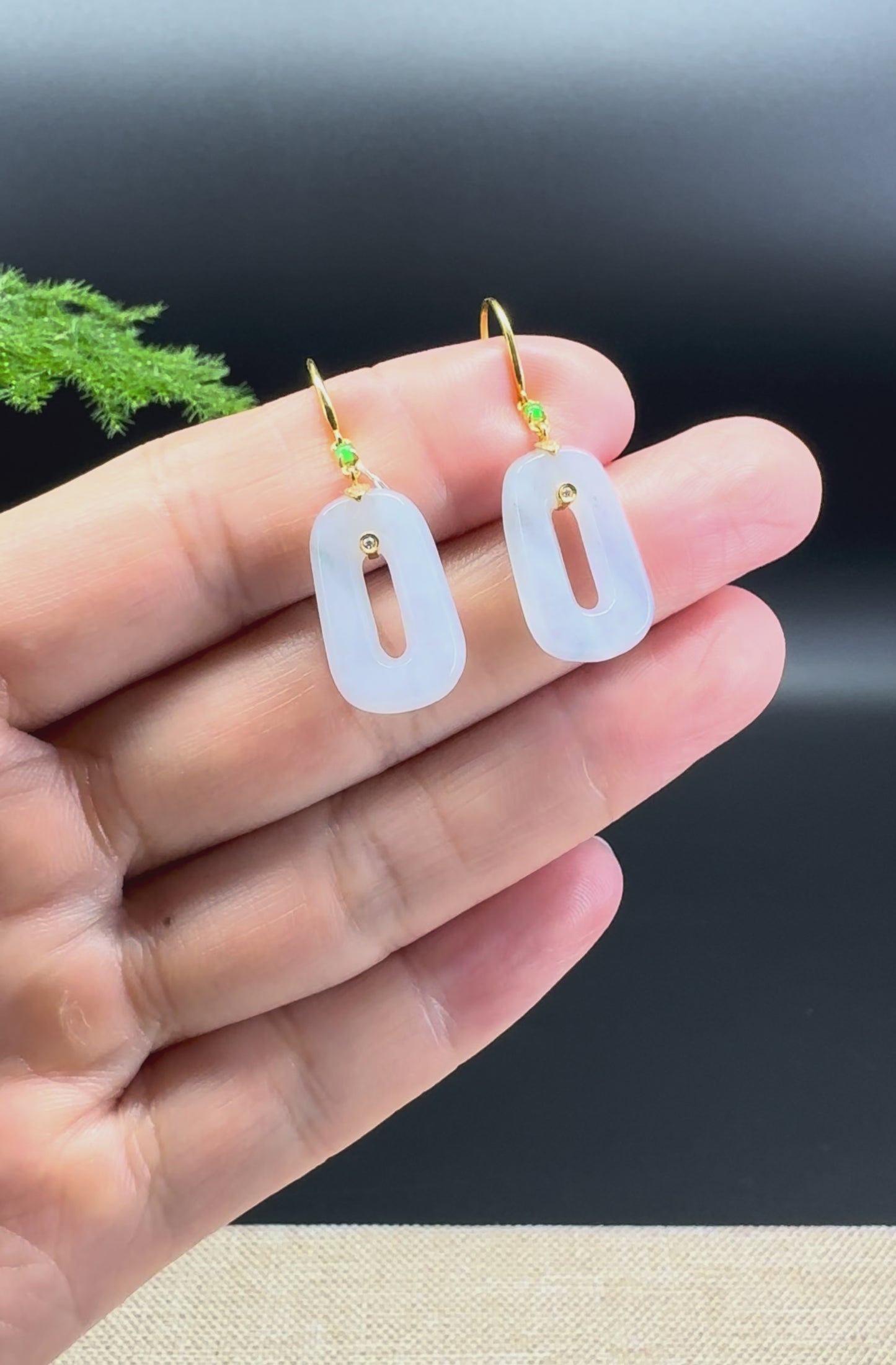 Load and play video in Gallery viewer, 18k Yellow Gold Genuine Light Lavender Koukou Jadeite Jade  Earrings
