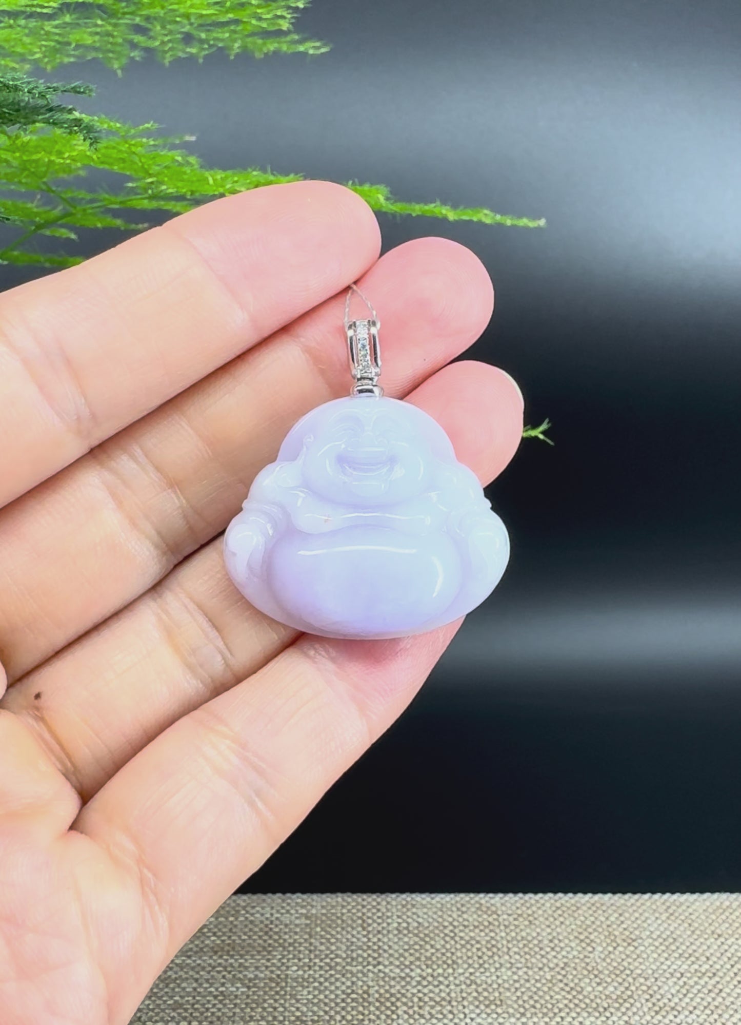 Load and play video in Gallery viewer, 14K White Gold Burmese Lavender Jadeite Jade Happy Buddha Pendant with Diamond
