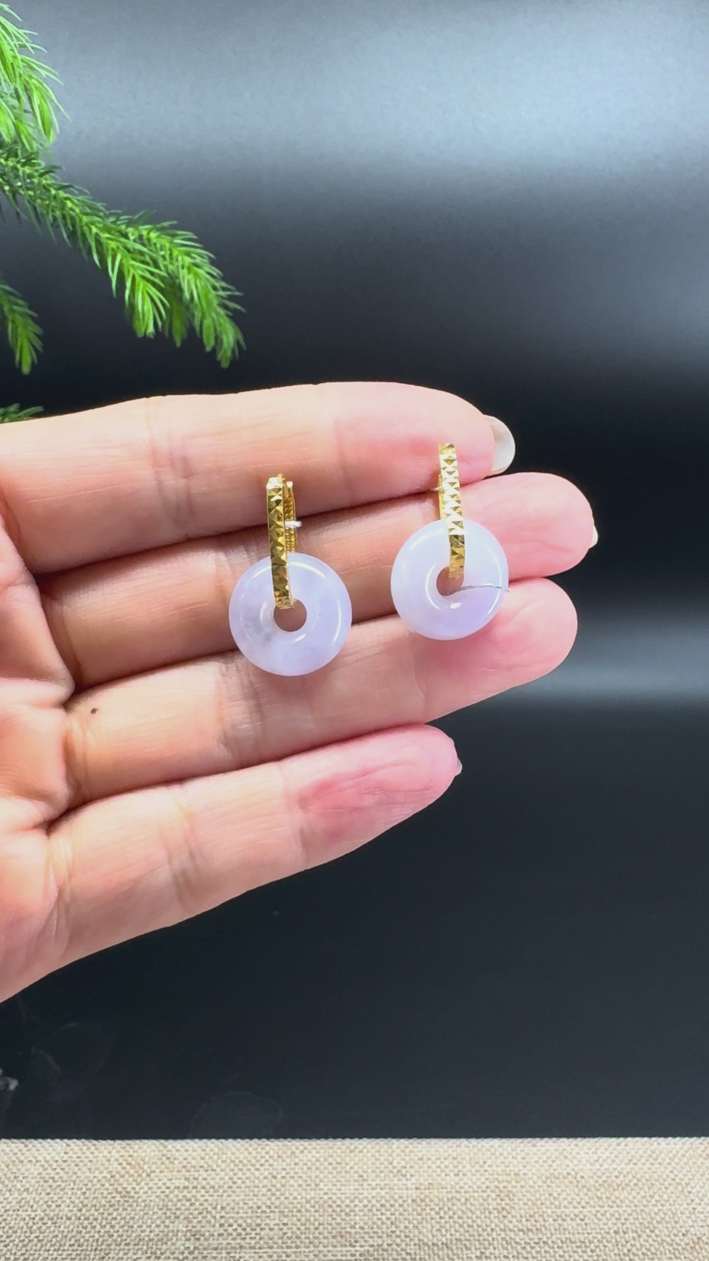 Load and play video in Gallery viewer, 18k Yellow Gold Genuine Lavender Koukou Jadeite Jade Earrings
