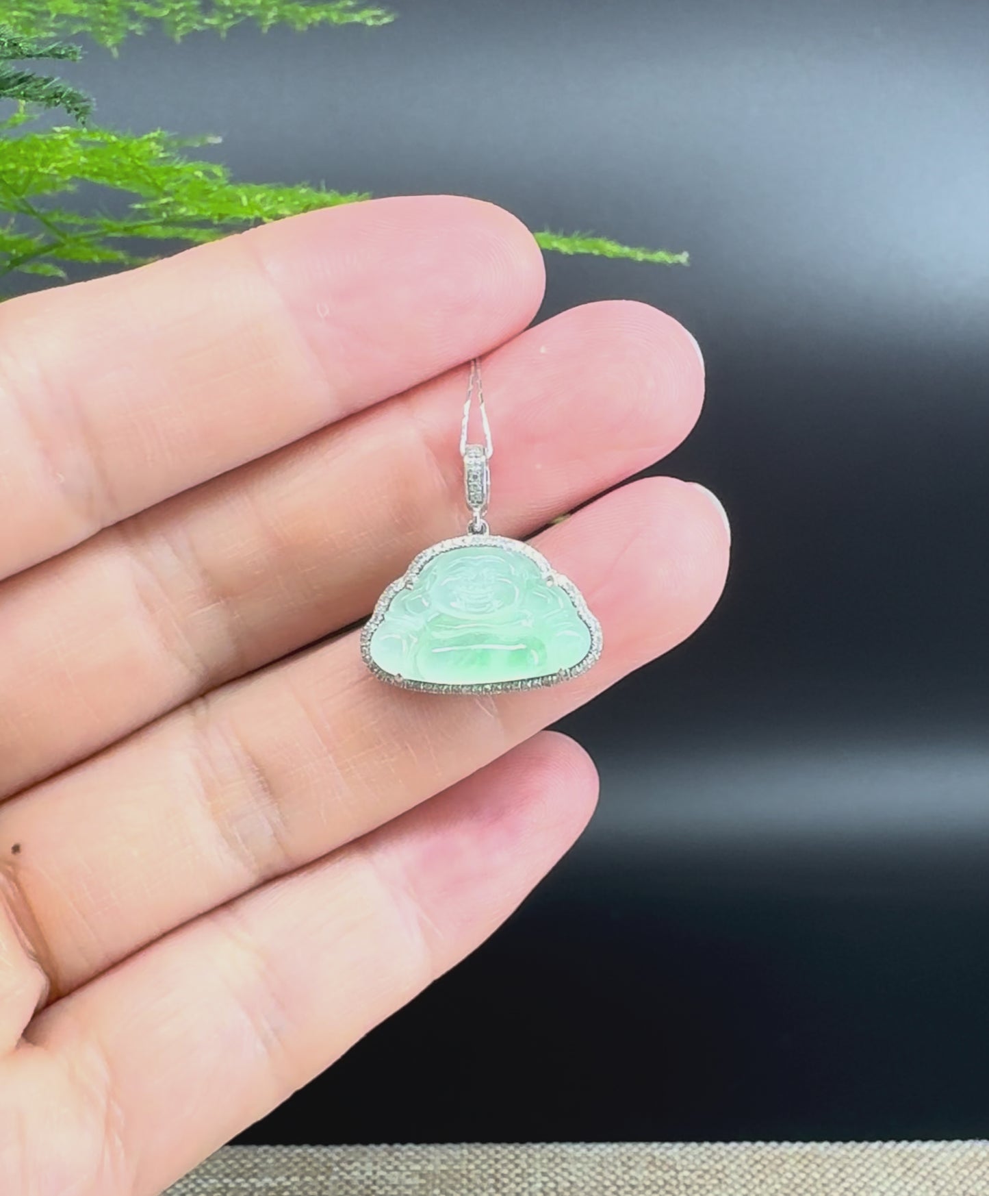 RealJade® Co. 18K White Gold Genuine Burmese Ice Green Jadeite Jade Buddha Pendant with Diamonds Bail