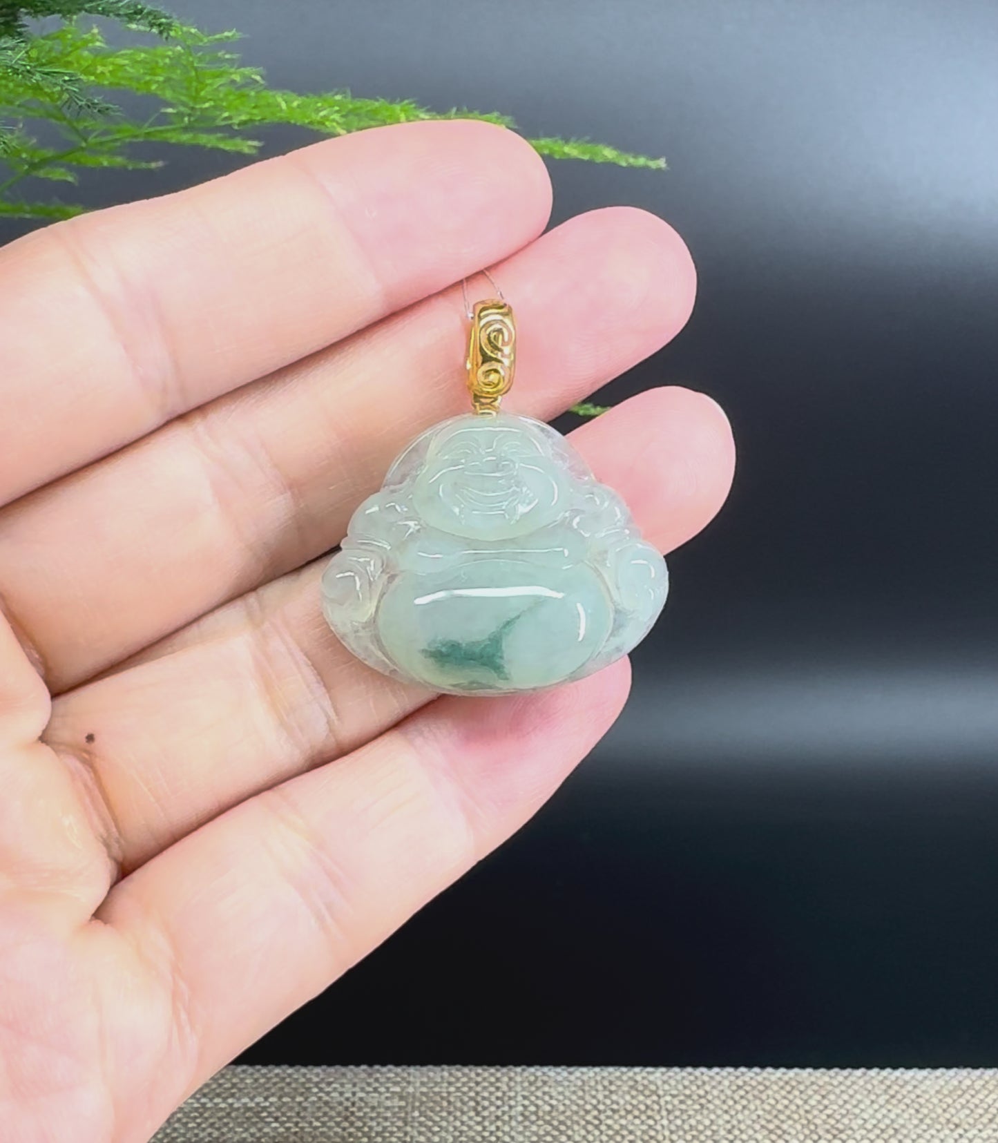 Load and play video in Gallery viewer, 18K Yellow Gold Burmese Icy Green Jadeite Jade Happy Buddha Pendant
