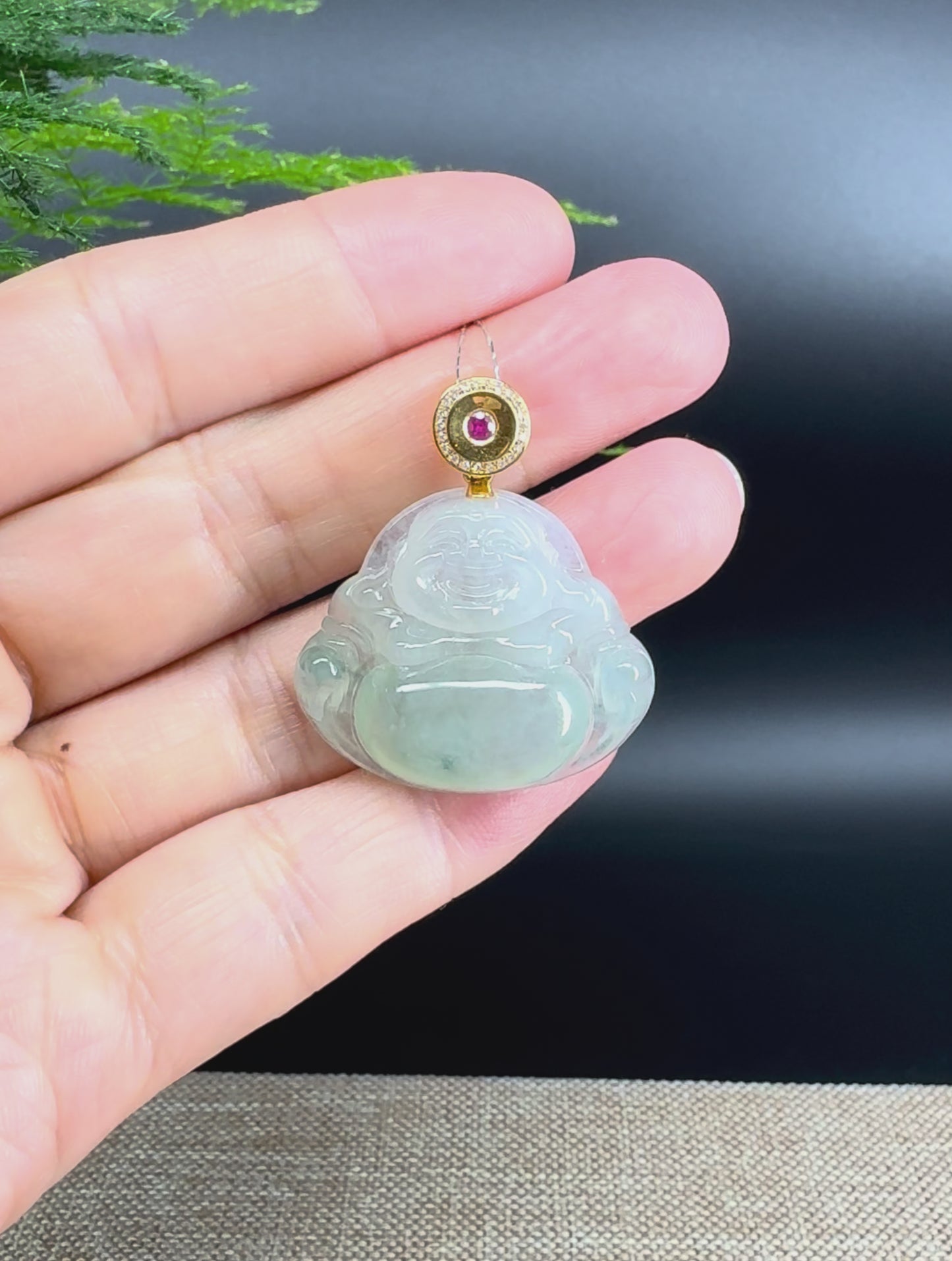 Load and play video in Gallery viewer, 18K Yellow Gold Burmese Icy Green Jadeite Jade Happy Buddha Pendant
